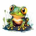 Frog on a white background. Green toad. Frog on a pond, swamp or lake. Design of greeting cards, posters, patches, prints on Royalty Free Stock Photo