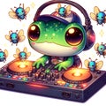 A froggy DJ with a crowd of fireflies, that bopping their tiny bodies to the music, cute, adorable, cartoon, digital art