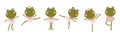 Frogs ballerinas set. Vector illustration of cute characters in ballet tutus in different poses dancing ballet. The hand Royalty Free Stock Photo