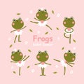 Frogs ballerinas set. Vector illustration of cute characters in ballet tutus in different poses dancing ballet. The hand Royalty Free Stock Photo