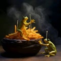 Frogs and french fries in a wooden bowl on a dark background