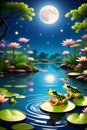 The frogs on the lily pad of a pond, with flower arounds, moonlight, night scene, reflection water, cartoon, disney  style Royalty Free Stock Photo