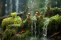 frogs on a mossy rock near a waterfall, water droplets visible