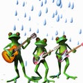 Frogs playing guitar under the rain