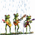 Frogs playing guitar under the rain