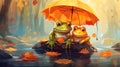 Frogs resting in a lake with autumn leaves. Frog with umbrella