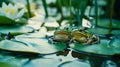 Frogs resting on vibrant green lily pads in serene pond setting Royalty Free Stock Photo