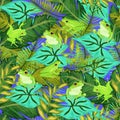 Frogs seamless pattern. Repeating background with frog sitting on tropical leaves and plants. Exotic nature animal