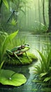 Frogs in the water, in the swamp, there is green grass, there is rain, there are various insects.