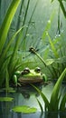 Frogs in the water, in the swamp, there is green grass, there is rain, there are various insects.