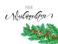 Frohe Weihnachten German Merry Christmas calligraphy font on white premium background for winter Xmas holiday design template. Vec