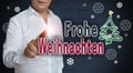 Frohe Weihnachten in german Merry Christmas concept touchscree