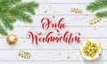 Frohe Weihnachten German Merry Christmas golden decoration and calligraphy font on white wooden background for greeting card. Vect Royalty Free Stock Photo