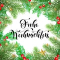 Frohe Weihnachten German Merry Christmas hand drawn quote calligraphy and Christmas holly wreath for holiday greeting card backgro Royalty Free Stock Photo