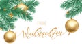 Frohe Weihnachten German Merry Christmas holiday golden hand drawn calligraphy text for greeting card of Christmas branch and deco