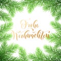 Frohe Weihnachten German Merry Christmas holiday golden hand drawn calligraphy text for greeting card of wreath decoration and Chr Royalty Free Stock Photo