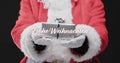 Frohe weihnachten text in white over midsection of father christmas holding present