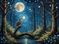 A froiendly wise owl perched on wood, at breathtaking moonlit forest, reflection water, glow in the dark, stars, Van Gogh paintng Royalty Free Stock Photo