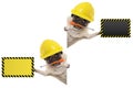 Frolic mechanic construction worker pug dog with constructor helmet, holding orange screwdriver and blank yellow and black sign bo Royalty Free Stock Photo