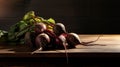 Fromt view, product photography of beets, fresh vegetable in bunch on a wooden table. Play of light and shadow