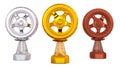 Fron,t view of Sport Wheel Gold Silver and Bronze Trophies