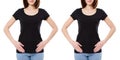 Fron view two woman in black t-shirt isolated on white background,blank,copy space