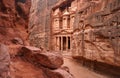 Front of Al-Khazneh Treasury temple carved in stone wall - main attraction in Lost city of Petra Royalty Free Stock Photo
