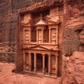 Front of Al-Khazneh Treasury temple carved in stone wall - main attraction in Lost city of Petra Royalty Free Stock Photo