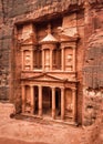 Front of Al-Khazneh Treasury temple carved in stone wall - main attraction in Lost city of Petra Royalty Free Stock Photo