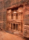 Front of Al-Khazneh Treasury temple carved in stone wall - main attraction in Lost city of Petra