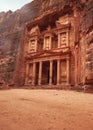 Front of Al-Khazneh Treasury temple carved in stone wall - main attraction in Lost city of Petra