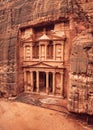 Front of Al-Khazneh Treasury temple carved in stone wall - main attraction in Lost city of Petra Royalty Free Stock Photo