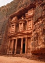 Front of Al-Khazneh Treasury temple carved in stone wall - main attraction in Lost city of Petra Royalty Free Stock Photo