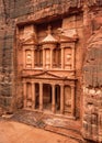 Front of Al-Khazneh Treasury temple carved in stone wall - main attraction in Lost city of Petra. Royalty Free Stock Photo