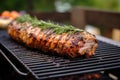 front angle shot of pork loin crusted with herbs on an outdoor grill