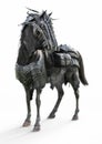 Front angled view of a posing black armored war horse on a isolated white background.