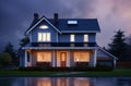 the front of an attractive home with rain pouring down the windows Royalty Free Stock Photo