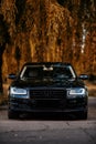 Front of Audi A8 D4 Long. Luxury black modern car. Executive class auto.