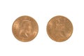 Front and back of one British penny, isolated