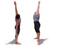 Front and Back Poses of a virtual Woman in Yoga Reverse Warrior Pose