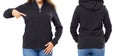 Front back and rear black sweatshirt view. Black Woman pointing and show on template clothes for print and copy space isolated on Royalty Free Stock Photo