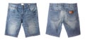 Front and back side of new men blue denim shorts isolated on white Royalty Free Stock Photo