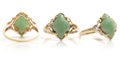 Front Back and Side view of gold and polished green gemstone womens ring