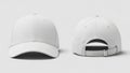 A front and back view of a blank white baseball cap shown against a light gray background, ready for branding or design mockups Royalty Free Stock Photo