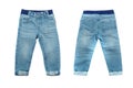 Front and back view of children`s blue jeans, isolated on white