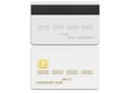 Front and back view of debit plastic card or credit card, white with gold symbols. 3D render of blank white template for Royalty Free Stock Photo