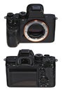 Front and back view of an isolated Japanese Full-frame mirrorless camera on a white background. Royalty Free Stock Photo