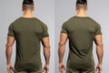 Front and back view of a man wearing a green tshirt, Male model wearing a dark olive color VNeck tshirt on a White background, Royalty Free Stock Photo
