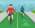 Front and back view of people cycling on bike path. Bicycle sign and bike rider.