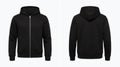 Front and back view of a plain black zip-up hoodie on a white background, perfect for mockups and apparel design Royalty Free Stock Photo